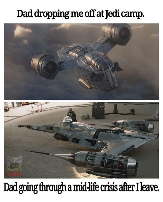 The meme is a play on words, comparing a child's experience of being dropped off at summer camp (in this case, Jedi camp) to a more dramatic and intense experience, being dropped off at a war zone (in this case, a desert planet). The image shows a Star Wars spaceship (the Millennium Falcon) and a Star Wars vehicle (the Landspeeder), but the key part of the meme is the text "Dad dropped me off at Jedi camp" and "Dad dropped me off at the Death Star".